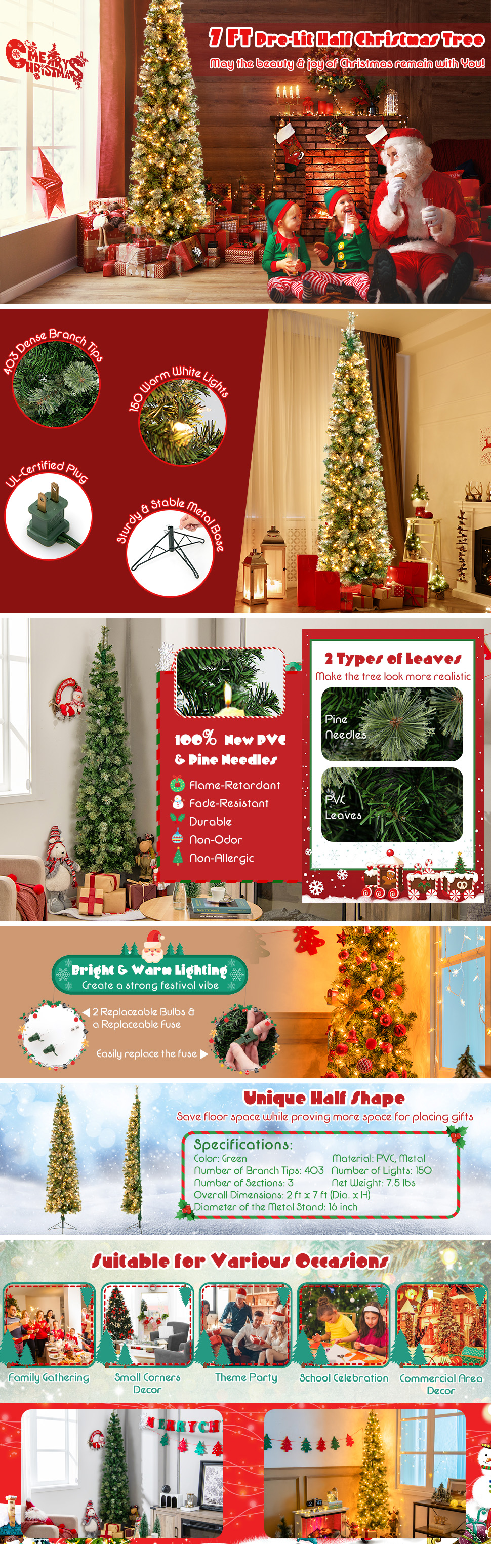 7 Feet Half Christmas Tree with Pine Needles and 150 Lights